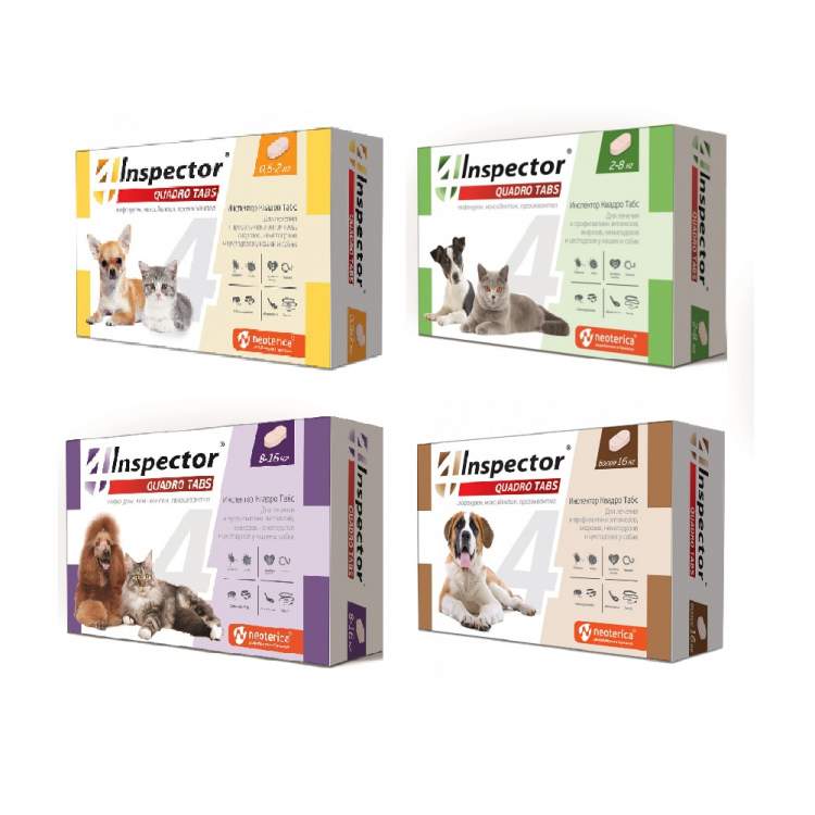 Таблетки для кошек и собак Инспектор Quadro 4 в 1 Инспектор Quadro Tabs таблетки для кошек и собак  4 таб упаковка